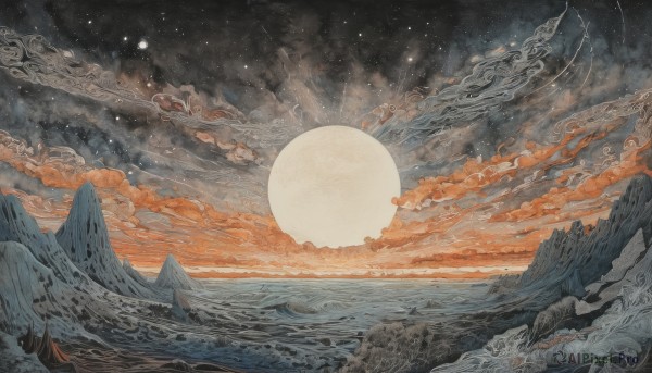 outdoors,sky,cloud,water,no humans,night,ocean,traditional media,moon,cloudy sky,star (sky),night sky,scenery,full moon,starry sky,mountain,sun,horizon,painting (medium),waves,mountainous horizon,sunset,rock,planet,landscape