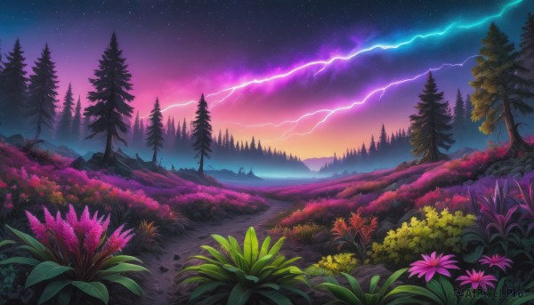 flower, outdoors, sky, cloud, tree, no humans, night, grass, star (sky), nature, night sky, scenery, forest, starry sky, mountain, field, lightning, landscape, purple sky