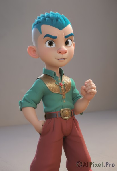 solo,looking at viewer,smile,short hair,shirt,1boy,brown eyes,jewelry,blue hair,standing,male focus,parted lips,teeth,belt,pants,clenched hand,sleeves rolled up,hand in pocket,green shirt,male child,red pants,artist name,vest