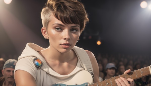 1girl,looking at viewer,short hair,brown hair,hat,holding,brown eyes,jewelry,collarbone,upper body,multicolored hair,earrings,parted lips,multiple boys,sleeveless,solo focus,hood,blurry,lips,hoodie,blurry background,piercing,hood down,instrument,freckles,realistic,nose,music,guitar,stud earrings,very short hair,playing instrument,holding instrument,electric guitar,crowd,breasts,teeth,tank top,badge,spotlight,concert