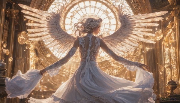 1girl,solo,long hair,dress,holding,bare shoulders,jewelry,standing,closed eyes,white hair,frills,detached sleeves,wings,sleeveless,pointy ears,indoors,dark skin,from behind,white dress,dark-skinned female,see-through,dutch angle,window,profile,sleeveless dress,back,halo,sunlight,frilled dress,lace trim,lace,feathered wings,light particles,backlighting,angel wings,backless outfit,skirt hold,white wings,angel,light,backless dress,stained glass,lace-trimmed dress,church,arch,chandelier,lace-trimmed sleeves,brown hair,gloves,long sleeves,closed mouth,flower,male focus,cowboy shot,medium hair,petals,floating hair,outstretched arms,bouquet,clock,facing away,ceiling