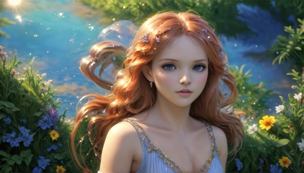 HQ,1girl,solo,long hair,breasts,looking at viewer,blue eyes,brown hair,hair ornament,dress,cleavage,bare shoulders,jewelry,medium breasts,collarbone,upper body,braid,flower,earrings,outdoors,parted lips,sky,sleeveless,day,necklace,orange hair,blurry,tree,lips,blue dress,wavy hair,sunlight,plant,curly hair,realistic,fantasy,sun,blush,cloud,hair flower,sparkle,blue flower,yellow flower