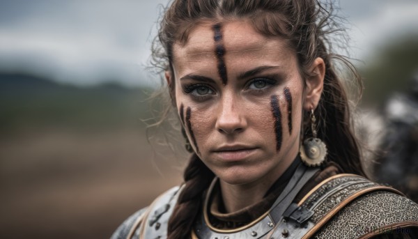 1girl,solo,long hair,looking at viewer,brown hair,brown eyes,jewelry,closed mouth,upper body,braid,earrings,outdoors,solo focus,armor,blurry,lips,depth of field,blurry background,facial mark,shoulder armor,messy hair,portrait,freckles,pauldrons,realistic,facepaint,tribal,chainmail,black hair,dark skin,close-up