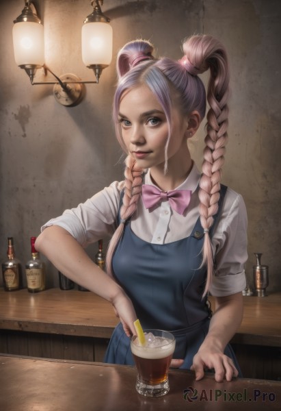 1girl,solo,long hair,breasts,looking at viewer,smile,shirt,bow,twintails,brown eyes,jewelry,white shirt,pink hair,braid,short sleeves,multicolored hair,earrings,collared shirt,artist name,indoors,bowtie,apron,twin braids,two-tone hair,cup,lips,grey eyes,bottle,pink bow,alcohol,sleeves rolled up,drinking glass,ice,drinking straw,realistic,nose,drink,glass,stud earrings,light,lamp,overalls,pink bowtie,light bulb,counter,blue eyes,blonde hair,makeup,dirty,employee uniform