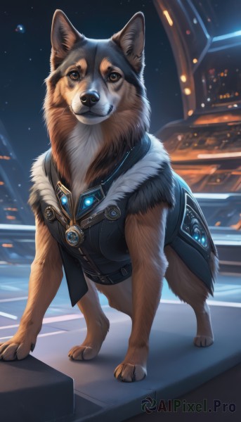 solo,looking at viewer,brown eyes,jewelry,standing,full body,outdoors,sky,vest,no humans,night,animal,star (sky),night sky,dog,realistic,animal focus,clothed animal,closed mouth,watermark,starry sky,science fiction,fur collar,wolf