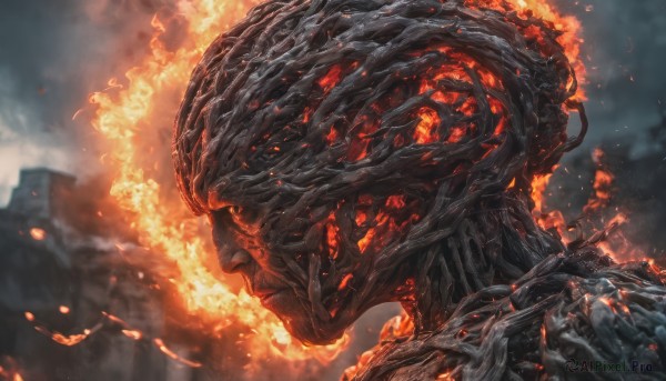 An iconic monster framed by a calm fiery dynamic scene