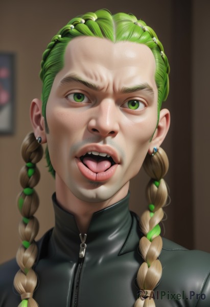 1girl,solo,long hair,looking at viewer,open mouth,blonde hair,1boy,twintails,jewelry,green eyes,braid,male focus,multicolored hair,earrings,green hair,teeth,tongue,tongue out,blurry,twin braids,two-tone hair,blurry background,facial hair,portrait,zipper,freckles,realistic,nose,hair ornament,jacket,upper body,artist name,indoors,parody,meme