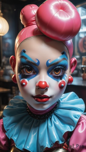 1girl,solo,looking at viewer,smile,brown eyes,jewelry,upper body,pink hair,earrings,hair bun,blurry,dark-skinned female,lips,eyelashes,double bun,bodysuit,makeup,mask,blurry background,facial mark,lipstick,portrait,eyeshadow,nose,red lips,facepaint,mascara,clown,dress,single hair bun