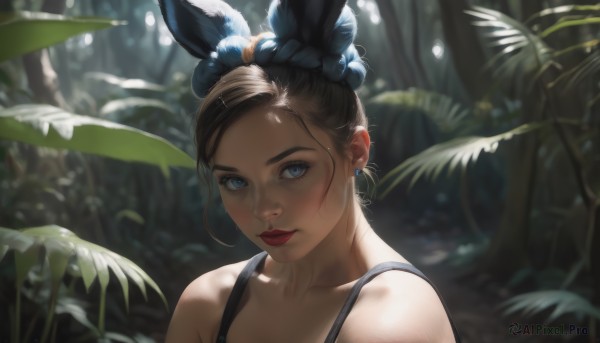 1girl,solo,looking at viewer,blush,short hair,blue eyes,brown hair,black hair,hair ornament,animal ears,bare shoulders,jewelry,closed mouth,collarbone,upper body,earrings,outdoors,day,hair bun,rabbit ears,blurry,lips,eyelashes,makeup,depth of field,blurry background,fake animal ears,sunlight,single hair bun,plant,lipstick,portrait,nature,forest,red lips,dappled sunlight,bangs,tree,leaf,scrunchie,tank top,backlighting,realistic,nose,mascara