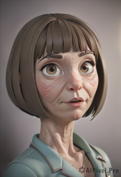 1girl,solo,looking at viewer,short hair,bangs,simple background,brown hair,shirt,brown eyes,closed mouth,collarbone,upper body,parted lips,collared shirt,blunt bangs,lips,gradient,gradient background,eyelashes,bob cut,thick eyebrows,portrait,veins,realistic,nose,horror (theme),jacket,artist name,cyborg,mechanical parts