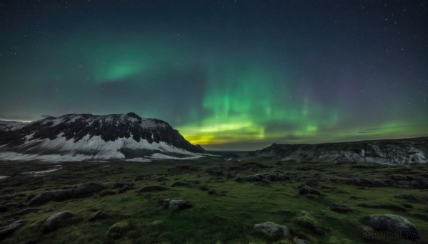 outdoors,sky,blurry,no humans,night,grass,star (sky),nature,night sky,scenery,starry sky,rock,mountain,river,landscape,mountainous horizon,aurora