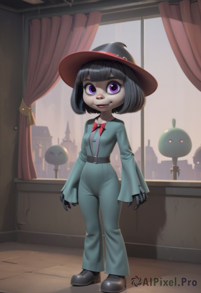 1girl,solo,breasts,looking at viewer,smile,short hair,bangs,shirt,black hair,long sleeves,hat,bow,standing,purple eyes,full body,small breasts,shoes,teeth,belt,pants,artist name,indoors,wide sleeves,blunt bangs,bowtie,black footwear,red bow,window,black headwear,witch hat,colored skin,bob cut,cross,curtains,red bowtie,black belt,ghost,witch,gloves,ribbon,parted lips,red ribbon,sleeves past wrists,makeup,robot