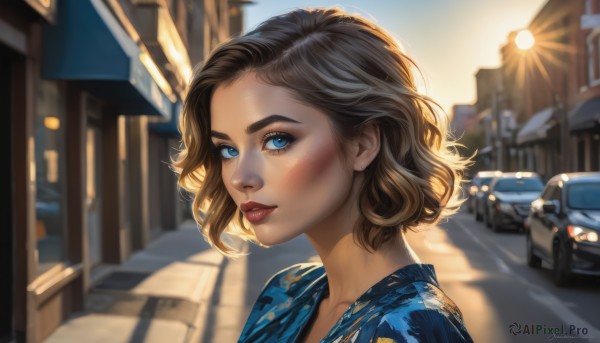 1girl,solo,looking at viewer,blush,short hair,blue eyes,brown hair,jewelry,upper body,earrings,outdoors,parted lips,day,artist name,signature,blurry,lips,eyelashes,makeup,depth of field,blurry background,sunlight,blue shirt,lipstick,ground vehicle,building,portrait,motor vehicle,backlighting,freckles,realistic,nose,red lips,car,stud earrings,road,street,sky,from side,city,sun