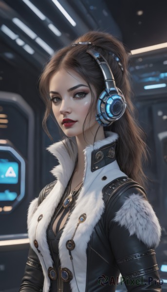 1girl,solo,long hair,breasts,looking at viewer,brown hair,cleavage,brown eyes,jewelry,medium breasts,jacket,upper body,ponytail,parted lips,open clothes,necklace,blurry,lips,coat,fur trim,makeup,blurry background,headphones,lipstick,realistic,nose,red lips,leather,bangs,shirt,long sleeves,artist name,indoors,signature,from side,parted bangs,eyelashes,buttons,forehead,pendant,eyeshadow,freckles,high collar