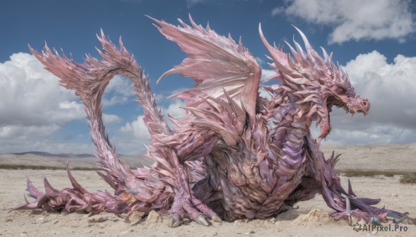 solo,open mouth,tail,yellow eyes,outdoors,wings,horns,sky,teeth,day,cloud,blue sky,no humans,cloudy sky,sharp teeth,claws,spikes,monster,sand,dragon,scales,desert