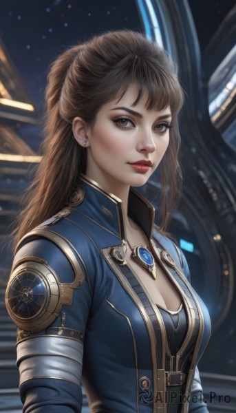 1girl,solo,long hair,breasts,looking at viewer,brown hair,cleavage,brown eyes,jewelry,medium breasts,closed mouth,jacket,upper body,earrings,necklace,blurry,lips,makeup,blurry background,lipstick,half updo,freckles,science fiction,realistic,nose,red lips,bangs,artist name,stud earrings