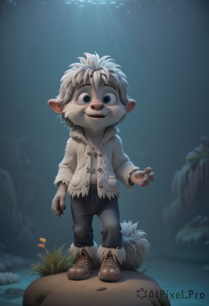 solo,looking at viewer,smile,open mouth,blue eyes,1boy,animal ears,standing,jacket,tail,full body,white hair,male focus,boots,teeth,pants,artist name,fur trim,sharp teeth,child,furry,light rays,rock,furry male,male child,short hair,grey hair,open clothes,shoes,pointy ears,blurry,open jacket,coat,buttons,watermark,brown footwear,grass,denim,web address,claws,jeans,underwater