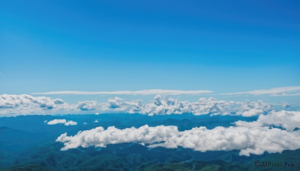 monochrome,outdoors,sky,day,cloud,water,blue sky,no humans,ocean,cloudy sky,nature,scenery,forest,blue theme,mountain,horizon,landscape,mountainous horizon,hill,bird,island