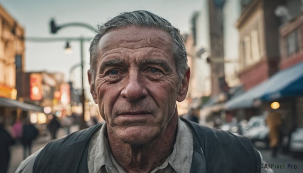 solo,looking at viewer,short hair,blue eyes,shirt,1boy,closed mouth,jacket,white shirt,upper body,grey hair,male focus,outdoors,collared shirt,blurry,vest,depth of field,blurry background,building,portrait,city,realistic,car,old,lamppost,old man,wrinkled skin,day,lips,black jacket,facial hair,ground vehicle,motor vehicle