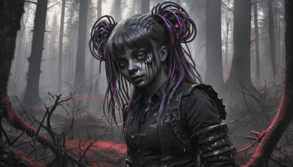 1girl,solo,long hair,breasts,looking at viewer,bangs,shirt,black hair,red eyes,jewelry,medium breasts,closed mouth,jacket,upper body,purple hair,multicolored hair,earrings,outdoors,parted lips,collared shirt,blunt bangs,necklace,hair bun,black eyes,two-tone hair,tree,lips,streaked hair,black jacket,grey eyes,black shirt,double bun,blood,buttons,glowing,heterochromia,facial mark,nature,forest,leather,grey skin,leather jacket,hair ornament,spot color,realistic