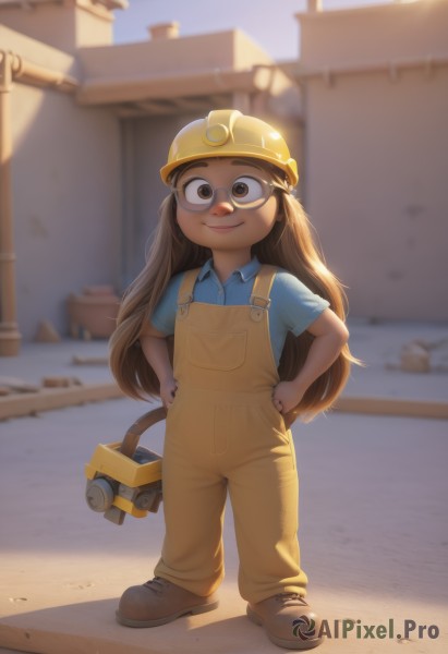 1girl,solo,long hair,looking at viewer,smile,brown hair,shirt,hat,brown eyes,very long hair,closed mouth,standing,full body,short sleeves,outdoors,shoes,day,collared shirt,blurry,flat chest,mask,blurry background,brown footwear,helmet,blue shirt,child,hands on hips,female child,overalls,yellow headwear,hardhat,glasses,lips