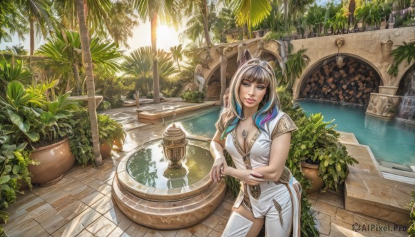 1girl,solo,long hair,breasts,looking at viewer,smile,bangs,blue eyes,large breasts,thighhighs,animal ears,cleavage,jewelry,medium breasts,blue hair,standing,short sleeves,multicolored hair,cowboy shot,outdoors,day,belt,pants,hood,water,necklace,two-tone hair,tree,lips,streaked hair,fingernails,fake animal ears,sunlight,ring,plant,scenery,white pants,palm tree,potted plant,arch,fountain,dress,white hair,cat ears,blunt bangs,white dress,tattoo,leaning forward,leaf,tiara