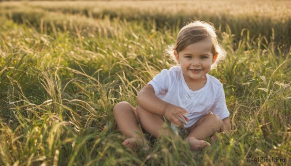 1girl,solo,looking at viewer,smile,short hair,open mouth,brown hair,shirt,1boy,sitting,white shirt,short sleeves,male focus,outdoors,shorts,barefoot,teeth,day,blurry,depth of field,squatting,grass,t-shirt,child,realistic,indian style,male child,field,blue eyes,tongue,aged down,baby