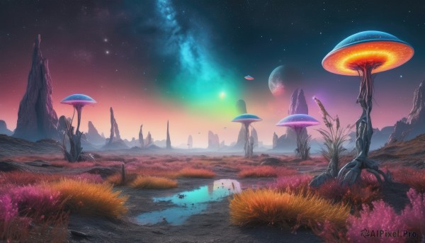 flower,outdoors,sky,signature,water,tree,no humans,night,moon,grass,star (sky),night sky,scenery,starry sky,reflection,rock,mountain,fantasy,mushroom,planet,landscape,aurora,plant