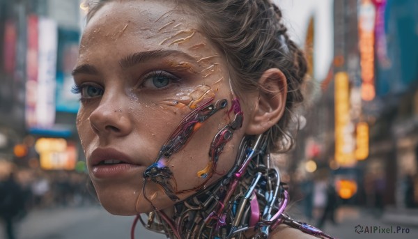 1girl, solo, looking at viewer, short hair, blue eyes, brown hair, outdoors, parted lips, blurry, lips, eyelashes, depth of field, blurry background, portrait, science fiction, realistic, nose, android, cable, cyberpunk, mechanical parts