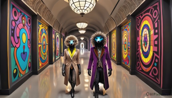 blue eyes,gloves,jewelry,standing,jacket,male focus,heart,multiple boys,pants,indoors,2boys,fingerless gloves,necklace,coat,mask,glowing,colored skin,black pants,formal,suit,crossover,glowing eyes,reflection,arms at sides,long coat,black skin,stained glass,hallway,chandelier,looking at viewer,full body,boots,black footwear,shadow,walking,horror (theme)