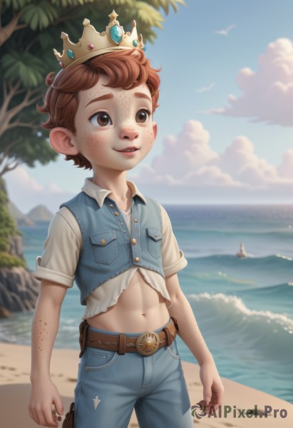 solo,smile,short hair,brown hair,shirt,1boy,navel,brown eyes,white shirt,short sleeves,male focus,outdoors,parted lips,sky,teeth,day,midriff,belt,pants,cloud,water,blurry,vest,tree,blue sky,blurry background,bird,ocean,beach,crown,denim,child,freckles,pocket,palm tree,brown belt,breast pocket,male child,gun,torn clothes,jeans,realistic,sand