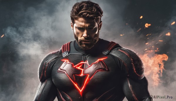 solo,short hair,brown hair,1boy,closed mouth,closed eyes,upper body,male focus,bodysuit,muscular,facial hair,fire,muscular male,beard,smoke,mature male,black bodysuit,manly,animification,superhero,embers,armor,pectorals