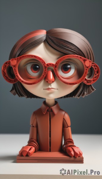 1girl,solo,looking at viewer,smile,short hair,brown hair,red eyes,gloves,brown eyes,closed mouth,upper body,glasses,lips,bob cut,red gloves,bangs,black hair,child,red-framed eyewear,android,joints,doll joints