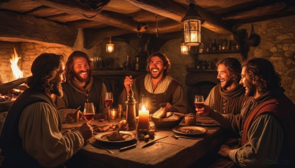 1girl,smile,short hair,open mouth,brown hair,shirt,black hair,long sleeves,holding,sitting,closed eyes,food,multiple boys,teeth,indoors,hood,grin,looking at another,vest,cup,facial hair,chair,eating,table,3boys,bottle,fire,knife,holding cup,beard,plate,alcohol,drinking glass,6+boys,4boys,mustache,candle,5boys,laughing,wine glass,bread,wine,meat,wine bottle,bar (place),candlelight,multiple girls,2girls,spoon,fantasy,fork