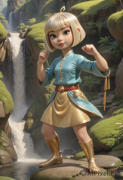 1girl,solo,looking at viewer,smile,short hair,bangs,skirt,blonde hair,shirt,long sleeves,dress,brown eyes,closed mouth,standing,full body,ahoge,boots,outdoors,day,belt,artist name,signature,blunt bangs,water,tree,lips,hands up,sash,watermark,chinese clothes,bob cut,knee boots,antenna hair,grass,blue shirt,plant,tassel,child,nature,clenched hands,legs apart,pouch,rock,fighting stance,red lips,female child,river,waterfall,w arms,cliff,moss,pond,stream,brown footwear,red nails