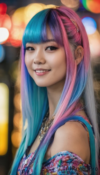 1girl,solo,long hair,looking at viewer,smile,bangs,hair ornament,bare shoulders,jewelry,blue hair,upper body,pink hair,purple hair,multicolored hair,teeth,hairclip,blunt bangs,necklace,grin,blurry,black eyes,from side,two-tone hair,lips,gradient hair,makeup,depth of field,blurry background,realistic,nose,bokeh,shirt,brown eyes,parted lips,off shoulder,bra,looking to the side,eyelashes,watermark,off-shoulder shirt,print shirt,mascara