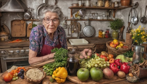 1girl,solo,looking at viewer,smile,short hair,shirt,holding,closed mouth,upper body,flower,white hair,short sleeves,grey hair,food,glasses,collared shirt,indoors,nail polish,apron,cup,lips,grey eyes,fruit,scar,floral print,table,bottle,knife,plant,steam,plate,bowl,realistic,yellow flower,spoon,round eyewear,apple,purple shirt,basket,potted plant,carrot,bread,old,rimless eyewear,old man,cooking,shelf,grapes,ladle,orange (fruit),kitchen,jar,banana,lemon,tomato,vegetable,frying pan,spatula,counter,lemon slice,cabinet,old woman,stove,lettuce,potato,kitchen knife,wrinkled skin,cutting board,corn,onion,pineapple,jewelry,hair bun,bracelet,single hair bun,ring,sleeves rolled up,joints,pumpkin,rice,cherry,doll joints,sweet potato,eggplant,red apron,radish