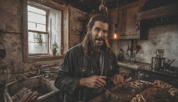 solo,long hair,looking at viewer,open mouth,brown hair,shirt,black hair,long sleeves,1boy,holding,jacket,upper body,male focus,food,indoors,black jacket,window,facial hair,scar,knife,plant,beard,realistic,mustache,cooking,kitchen,frying pan,sink,stove,smile,brown eyes,one eye closed,cup,plate,mug,spoon,fork,meat,tongs