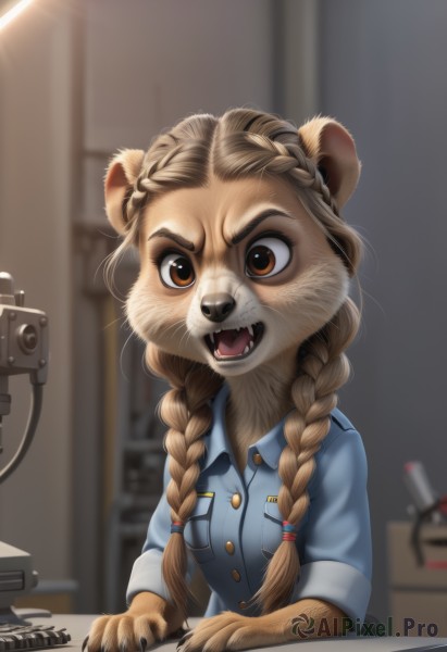 1girl,solo,long hair,open mouth,brown hair,shirt,animal ears,brown eyes,upper body,braid,teeth,indoors,blurry,uniform,twin braids,buttons,blurry background,fangs,blue shirt,claws,furry,pocket,furry female,breast pocket,body fur,animal nose,snout,brown fur,furrification,looking at viewer,twintails,collared shirt,artist name,military,watermark,hair over shoulder,genderswap (mtf),sleeves rolled up,freckles,camera