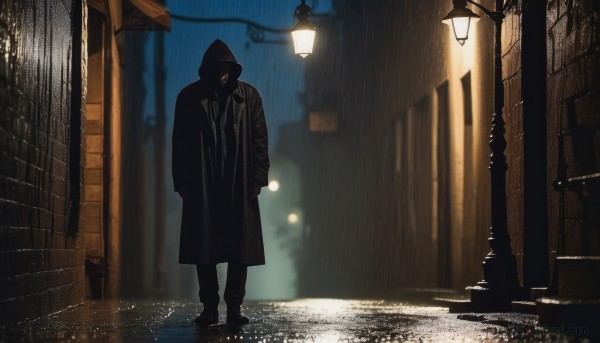 solo,1boy,standing,male focus,outdoors,shoes,pants,hood,black footwear,blurry,coat,night,glowing,black pants,building,hood up,rain,hands in pockets,dark,lamppost,street,trench coat,alley,jacket,necktie,depth of field,blurry background,hooded jacket,black necktie,1other,black coat,road,lamp,hooded coat