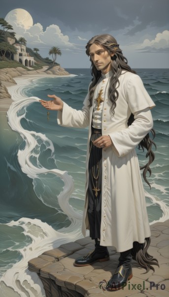 solo,long hair,looking at viewer,brown hair,black hair,hair ornament,long sleeves,1boy,holding,brown eyes,jewelry,very long hair,standing,full body,male focus,outdoors,sky,shoes,pants,cloud,dark skin,water,necklace,black footwear,tree,coat,night,facial hair,ocean,beach,black pants,moon,ring,cloudy sky,cross,beard,full moon,robe,sand,palm tree,white coat,watercraft,waves,island,holding jewelry,closed mouth,braid,day,watermark,dark-skinned male