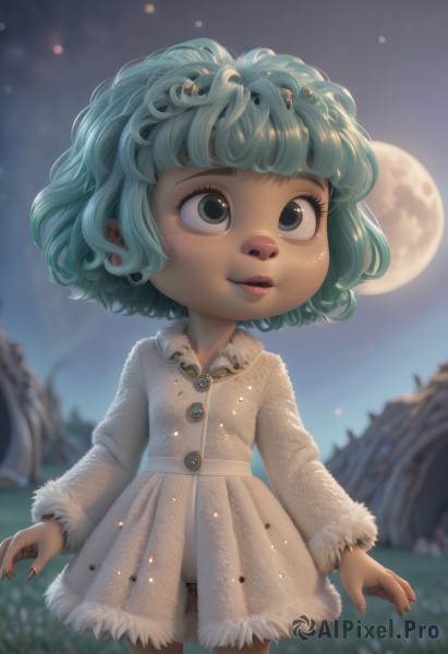 1girl,solo,smile,short hair,bangs,long sleeves,dress,jewelry,blue hair,standing,cowboy shot,earrings,outdoors,parted lips,green hair,sky,artist name,nail polish,blurry,black eyes,dark-skinned female,lips,coat,fingernails,fur trim,eyelashes,aqua hair,night,buttons,depth of field,blurry background,moon,grass,looking up,child,night sky,full moon,freckles,curly hair,white coat,female child,fur-trimmed dress,blue eyes,green eyes,teeth,watermark,web address,realistic,nose