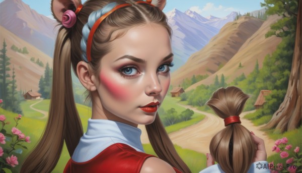 1girl,solo,long hair,looking at viewer,blush,blue eyes,brown hair,hair ornament,animal ears,twintails,flower,hairband,outdoors,sky,day,looking back,nail polish,tree,lips,makeup,lipstick,nature,red nails,pink flower,mountain,realistic,red lips,mascara,upper body,artist name,from behind,blue sky,eyelashes,facial mark,grass,portrait,scenery,facepaint