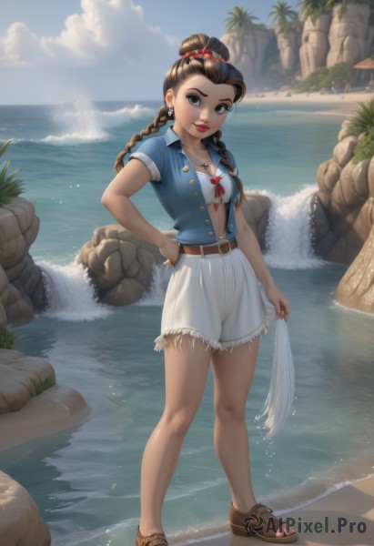 1girl,solo,long hair,breasts,looking at viewer,smile,blue eyes,skirt,brown hair,shirt,black hair,hair ornament,holding,cleavage,brown eyes,jewelry,medium breasts,underwear,standing,jacket,swimsuit,full body,braid,short sleeves,earrings,small breasts,outdoors,parted lips,open clothes,sky,shorts,day,belt,artist name,cloud,water,necklace,bra,black eyes,twin braids,tree,blue sky,lips,head tilt,hand on hip,legs,bare legs,open shirt,makeup,toes,buttons,ocean,beach,brown footwear,sandals,white skirt,blue shirt,lipstick,bikini top only,toenails,rock,palm tree,horizon,unbuttoned,red lips,brown belt,river,cliff,hairband,hair bun,denim,thick lips