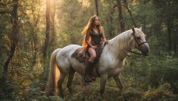 1girl,solo,long hair,breasts,blonde hair,large breasts,brown hair,dress,cleavage,bare shoulders,jewelry,medium breasts,sitting,boots,outdoors,day,necklace,black dress,tree,animal,sunlight,nature,scenery,forest,realistic,fantasy,riding,horse,horseback riding,reins,saddle,sleeveless,orange hair,blurry,sleeveless dress,knee boots,tiara