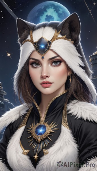 1girl,solo,long hair,breasts,looking at viewer,brown hair,animal ears,jewelry,closed mouth,upper body,earrings,sky,artist name,necklace,lips,grey eyes,fur trim,makeup,night,moon,gem,star (sky),night sky,full moon,starry sky,nose,space,planet,blue eyes,black hair,medium breasts,white hair,hood,eyelashes,lipstick