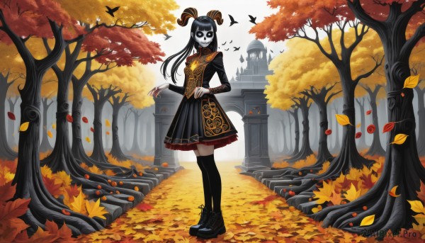 1girl,solo,long hair,looking at viewer,bangs,skirt,black hair,thighhighs,long sleeves,dress,standing,full body,pleated skirt,boots,outdoors,horns,shoes,socks,black thighhighs,black footwear,black eyes,black dress,tree,mask,bird,animal,leaf,pale skin,nature,scenery,forest,autumn leaves,maple leaf,autumn,falling leaves,day,colored skin,monster girl,colored sclera,white skin,black sclera,white eyes