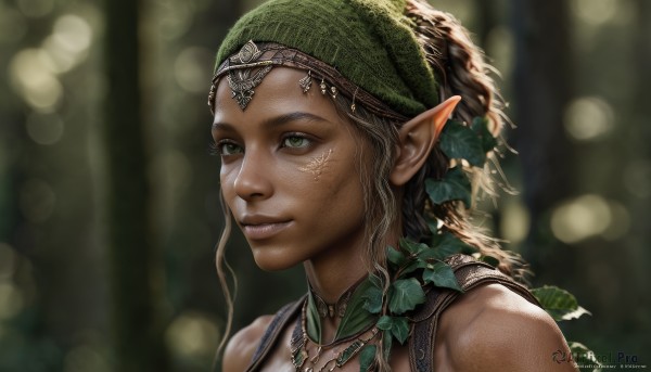 1girl,solo,smile,brown hair,bare shoulders,jewelry,green eyes,pointy ears,dark skin,necklace,blurry,dark-skinned female,lips,depth of field,blurry background,leaf,elf,portrait,freckles,realistic,nose,bandana,tribal,long hair,hair ornament,facial mark,plant,nature,headdress,facepaint