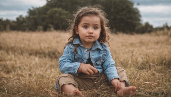 1girl,solo,long hair,looking at viewer,blue eyes,brown hair,shirt,long sleeves,brown eyes,sitting,closed mouth,jacket,outdoors,open clothes,sky,barefoot,day,pants,blurry,feet,open jacket,lips,toes,depth of field,blurry background,soles,grass,denim,blue jacket,messy hair,child,pocket,realistic,female child,dirty,denim jacket,dirty feet,tree,aged down,nature,jeans