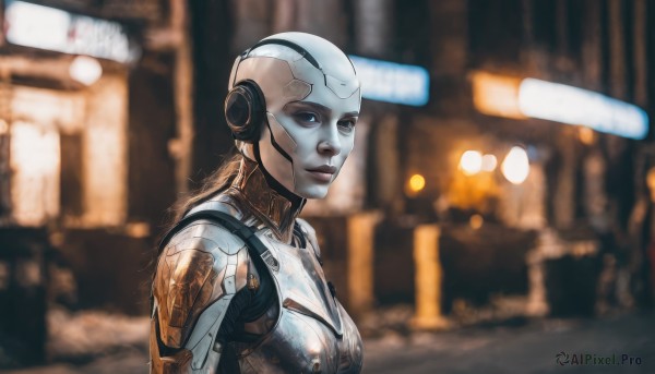 1girl,solo,long hair,looking at viewer,blue eyes,blonde hair,brown hair,upper body,armor,blurry,lips,bodysuit,blurry background,helmet,science fiction,realistic,cyborg,alien,power armor,cyberpunk,breasts,from side,colored skin,expressionless,pale skin,nose,android,bald,no pupils,robot joints,lights